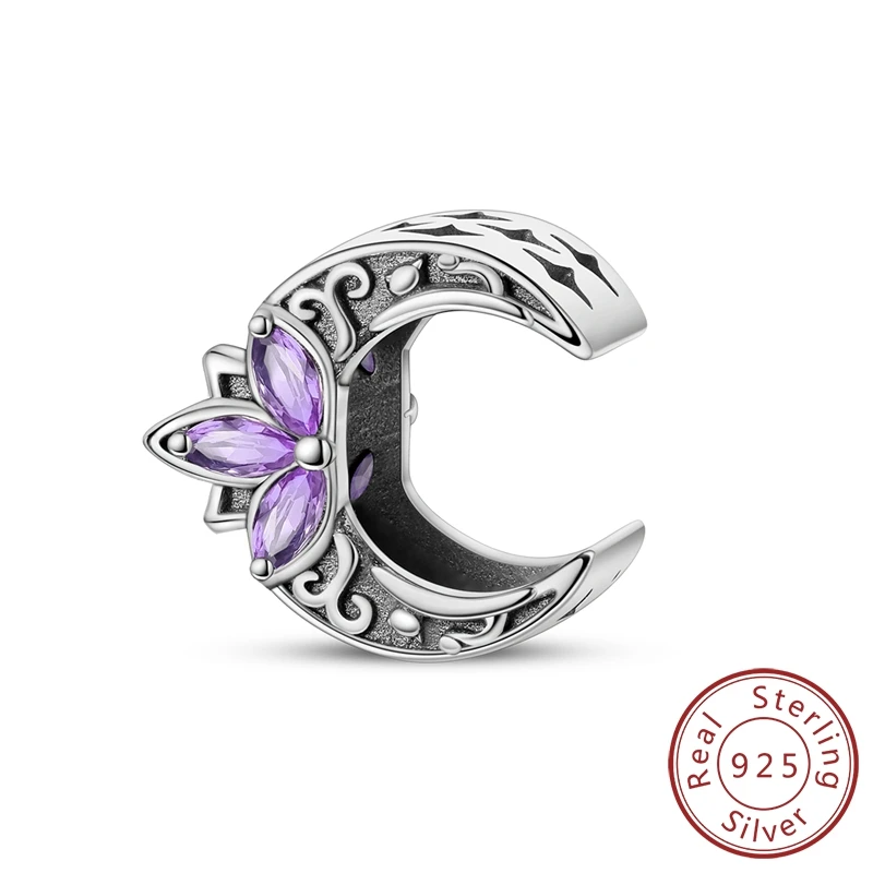 

Boutique 100% 925 Sterling Silver Purple Lotus Cat Moon Beads Charm Fits Pandora Bracelet DIY Kids Birthday Gift Jewelry Making