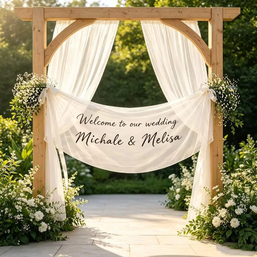 Custom Text Sheer Wedding Banner Just Married Tulle Backdrop Sign for Wedding Arch Ceremony Party Decoration