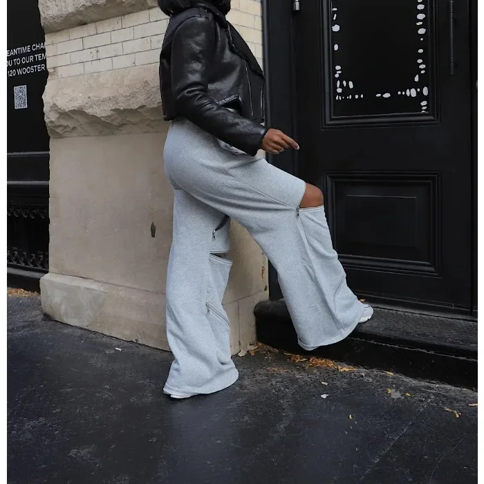 Flared Pants Women Streetwear Fashionable Versatile Patchwork Multi Zipper Sexy Loose Straight Trousers Spring/Summer New 2025