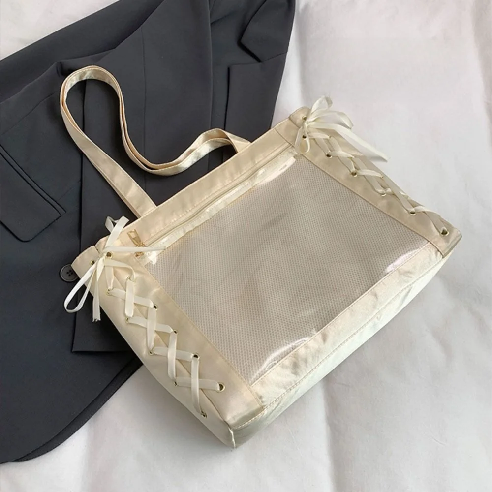 

Large Capacity Sweet Ita Tote Bag Clear Front Pocket DIY Transparent Shoulder Bag INS Bow Ribbon Women Ribbon Handbag