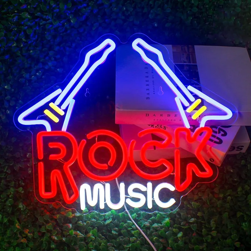 Rock Music Neon Sign Guitar LED Light for Music Studio Wall Decor Dimmable Acrylic 15.4x12.6 inches 5V USB