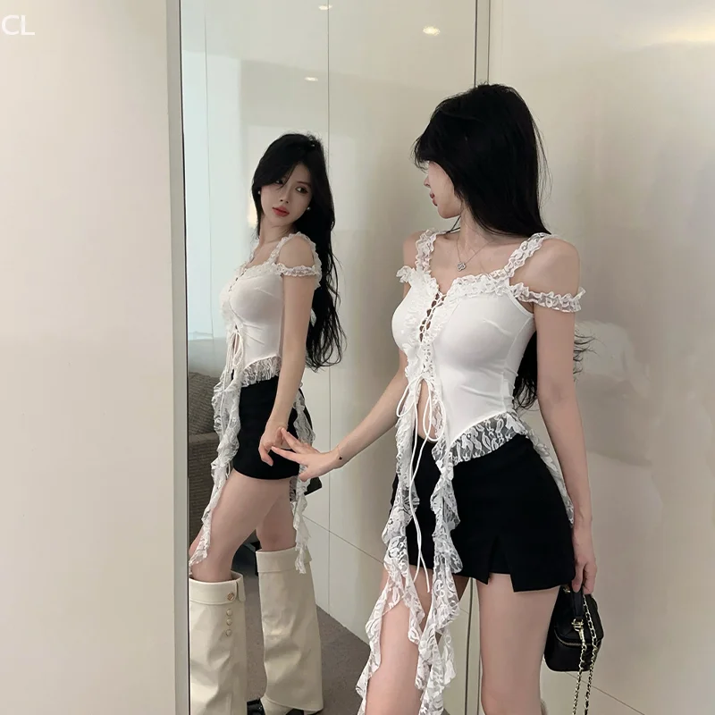 

Women Holiday Lace Patchwork Long Tassel Ribbon Off-shoulder Sheath Sweet Top