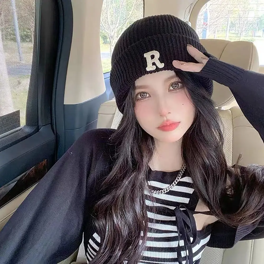 Fashion Letter Embroidery Fleece Warm Knitted Hat Woolen Yarn Soft Knitted Hat Winter Warm Crochet Hats Women Girls Maiden image 3