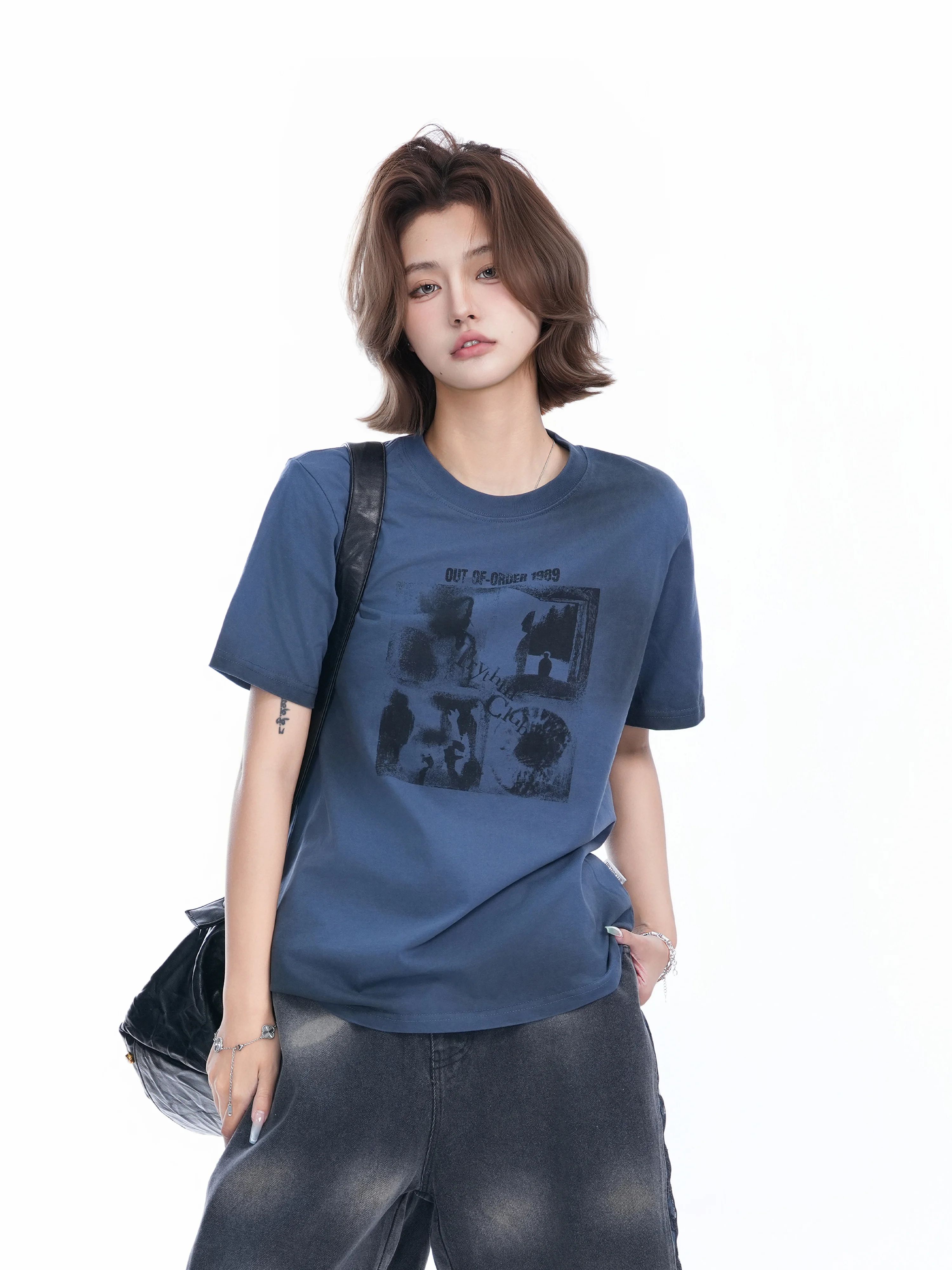 Small Ball American Retro Tie Dye Design Shoulder Length Short Sleeve round Neck Loose Women's T-Shirt Summer Cool Style Print