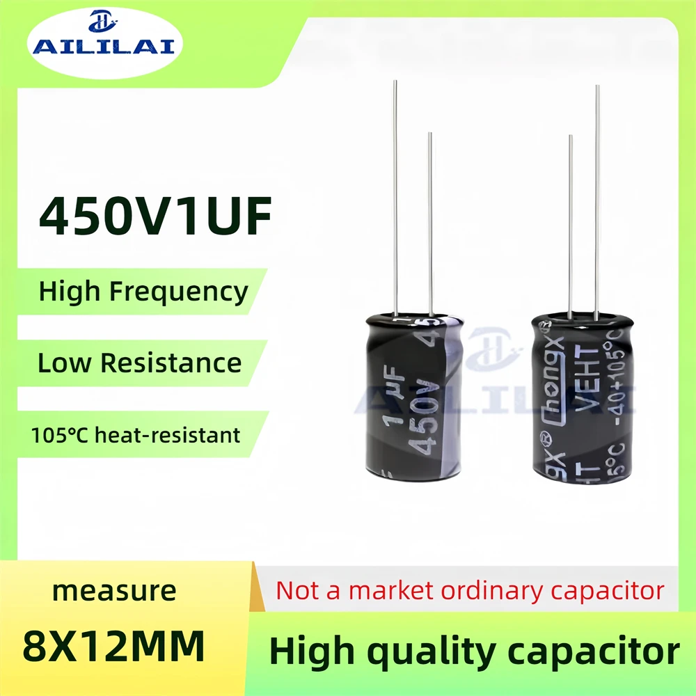 50 Uds Original 450v1uf baja ESR/impedancia alta frecuencia 450V 1UF condensador electrolítico de aluminio 450V1F tamaño: 8X12MM