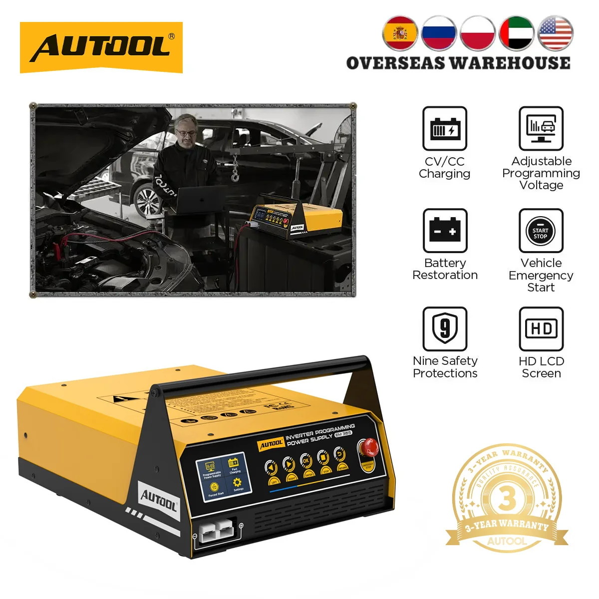 AUTOOL EM365 Alimentation de programmation 400A & Chargeur de batterie de voiture 12V & Régulateur de démarreur de voiture Transformateur de tension 220V ECU réglable 10,8-16V 1500W Outil de reprogrammation avec affichage numérique pour réparation automobile et diagnostic