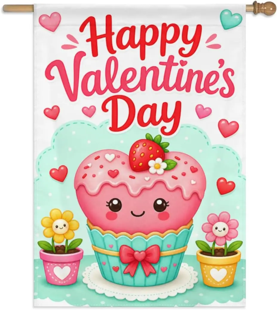 Valentine Cupcake Garden Flag Cute Cupcake with Hearts and Small Flowers Happy Valentines Day 28x40 Inch Double Sided Polyes xxl