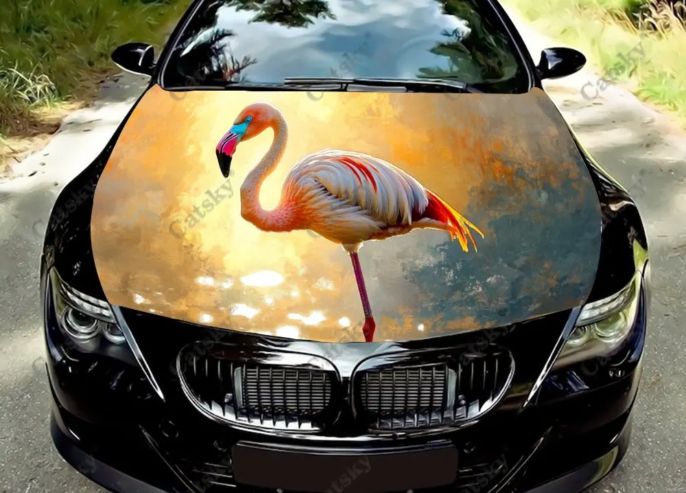 Pink Flamingo Sunset Graphic Car Hood Vinyl Sticker Wrap Film Engine Cover Decal Universal Auto Accessories Hood Protective Film