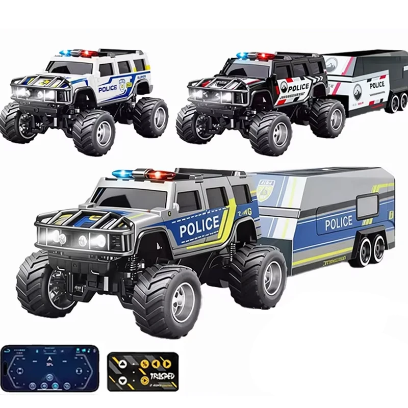 

Радиоуправляемая полицейская машина из сплава, масштаб 1:64, мини-хаммер, имитация внедорожника, дрифт-кар с прицепом, светом и звуком, для гонок по любой местности, игрушка, подарок