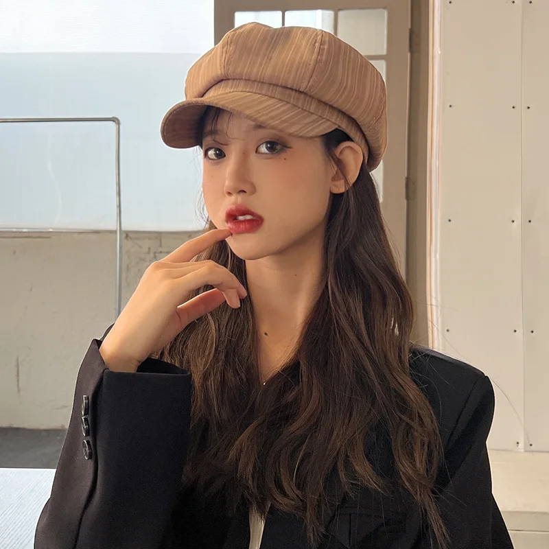 Beret Hats For Women Cotton Octagonal Sunshade Casual Newsboy Cap Painter Hat Female Simple Striped Casual Vintage