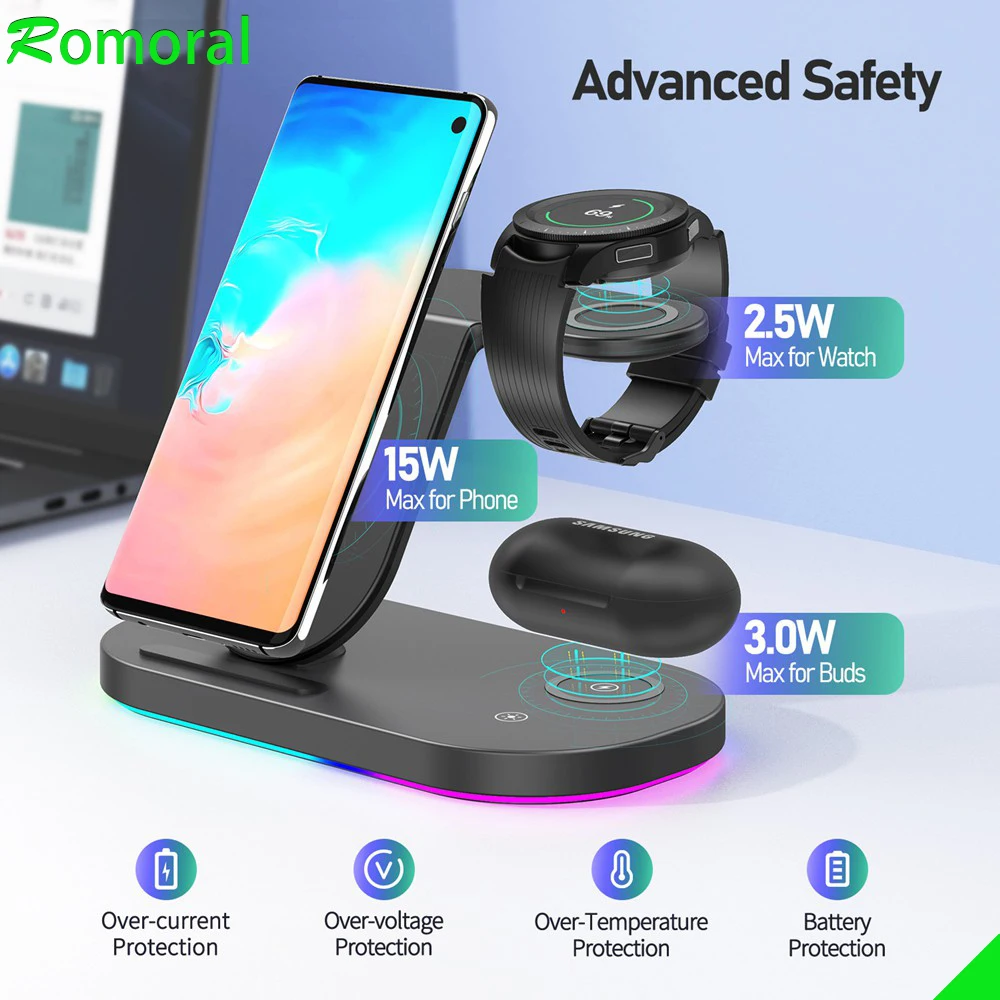 Wireless Charger For Samsung Galaxy Watch 4 Active 2 15W Fast Charging Dock Station For Samsung S21/S20 Charger For Galaxy Buds