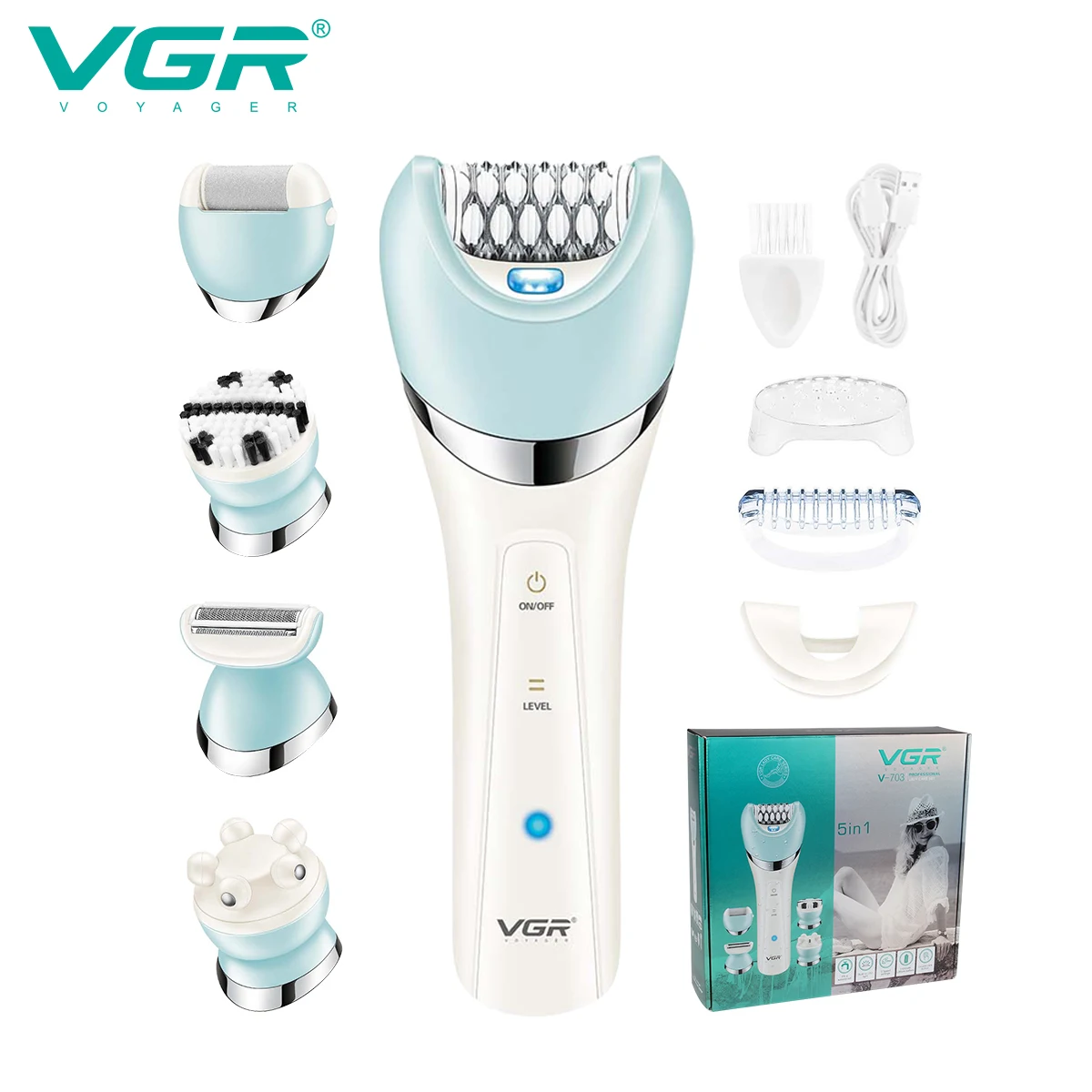 Depiladora VGR 5 en 1 Electri para mujer, afeitadora femenina, utensilio para eliminar el vello del cuerpo y las piernas, recortador de Bikini para mujer, masaje de limpieza Facial V-703