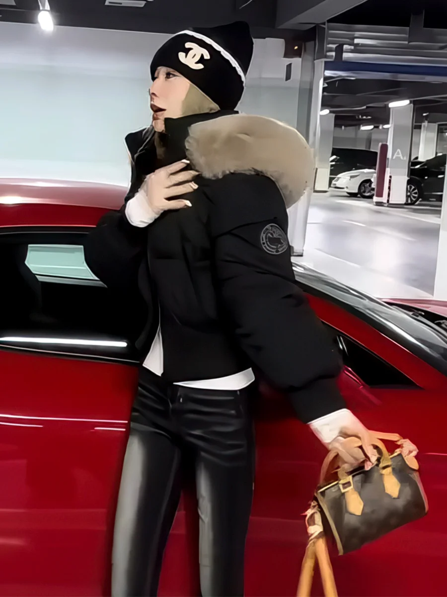 

Bla ort Puffer Jaet Women's Winter Coat Waist-Cinching Hooded Large Fur Collar 90% White Du down Warm Slimming Outerwear