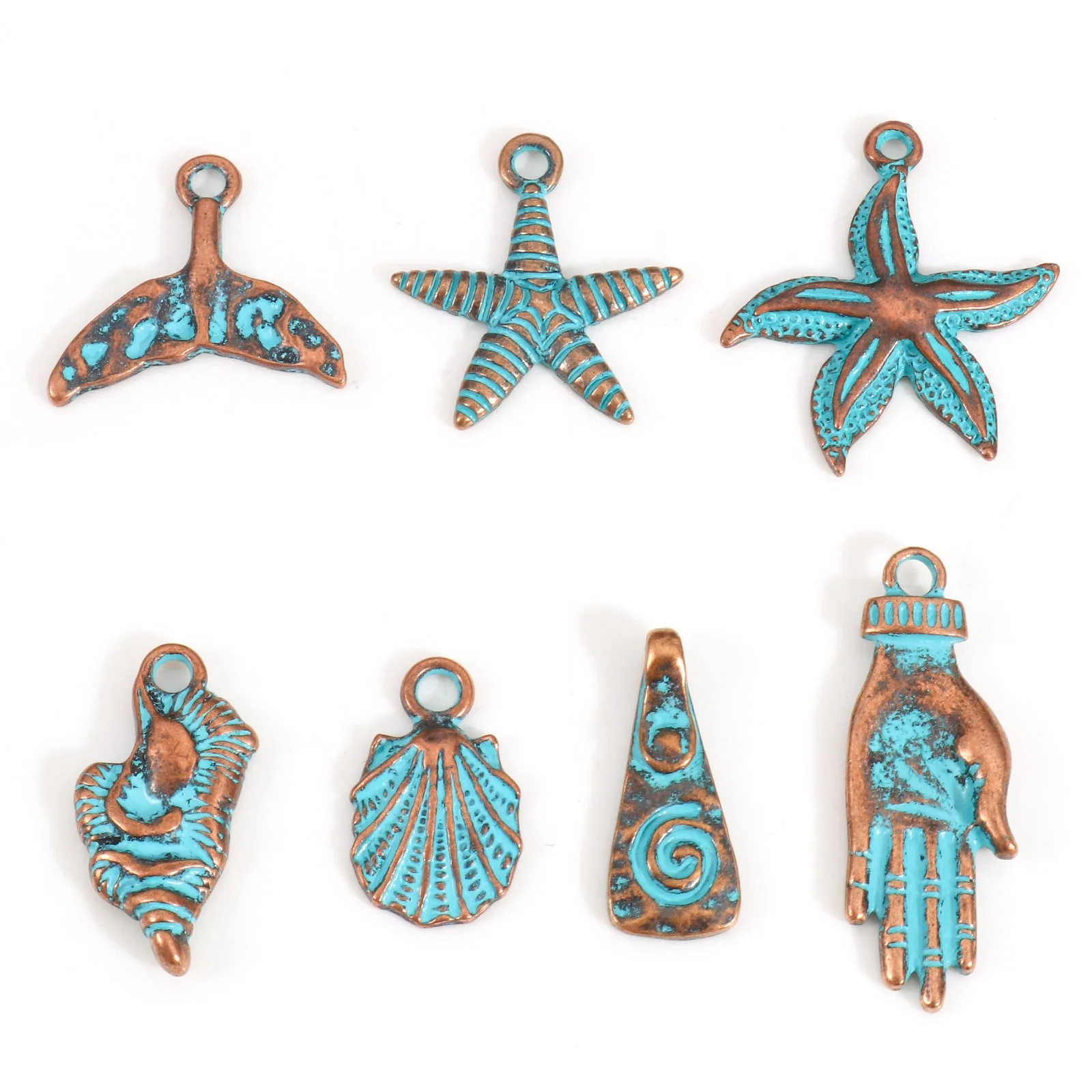 Vintage patyna Charms antyczne brązowe niebieska gwiazda powłoki metalowe wisiorki zestaw do robienia bransoletek naszyjnik kobiety przyjęcie biżuteria znaleziska, 10 szt
