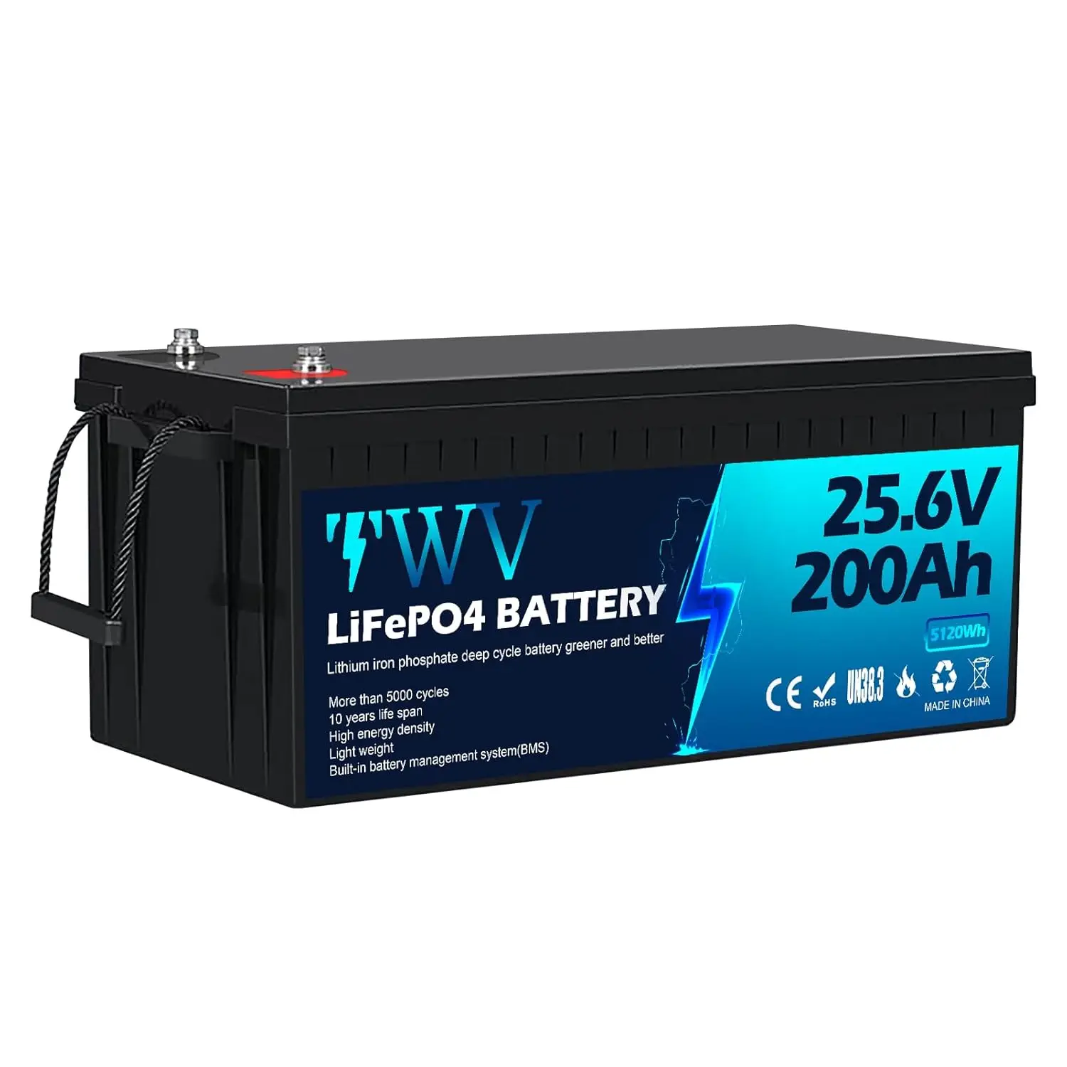 24V 200Ah LiFePO4 Battery, 5000+ Deep Cycle Lithium Battery, Built-in 200A BMS, Max. 5120Wh Energy, Perfect for, Customized