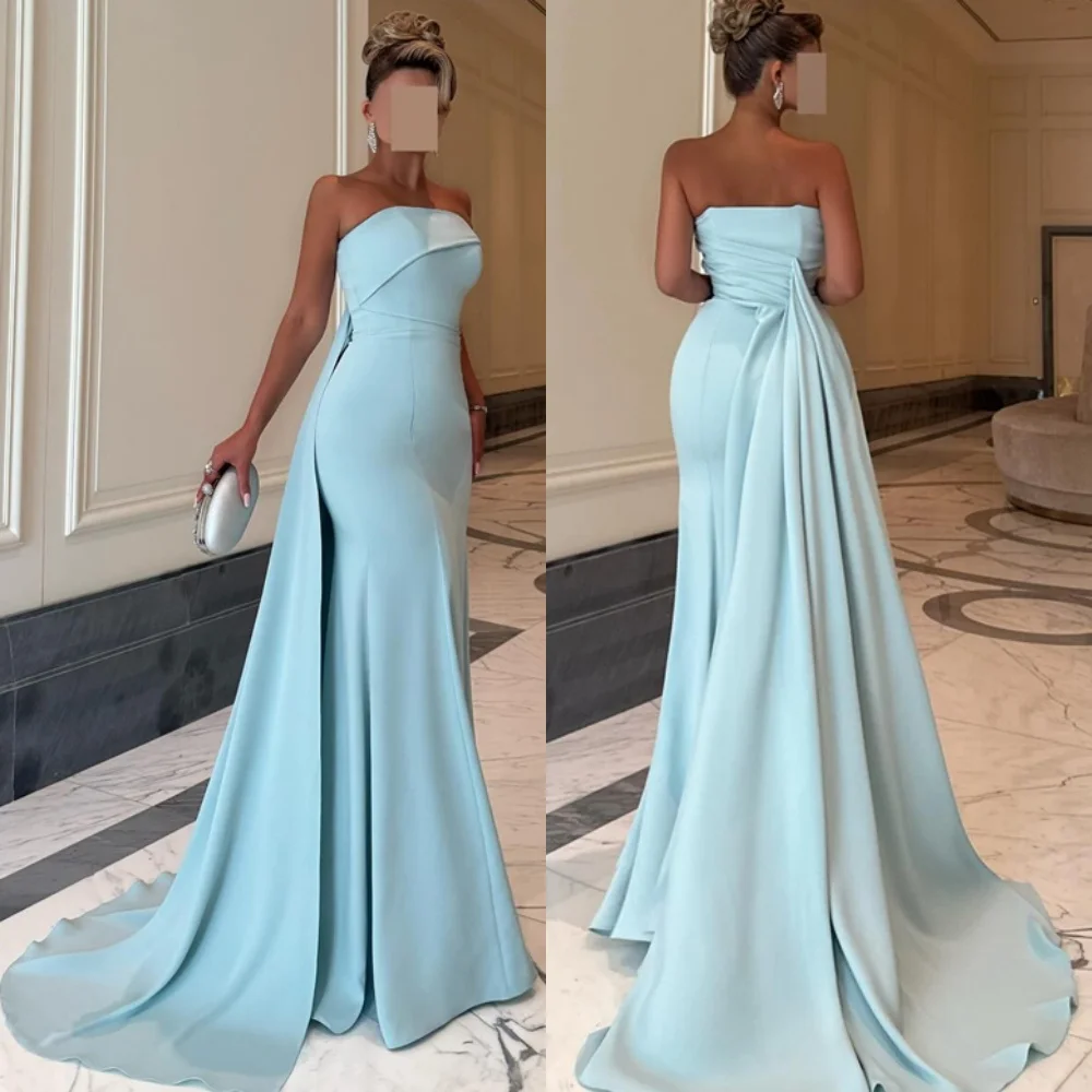 

Customized Classic Light Blue Jersey Evening Dress Formal Sleeveless Zipper Back Mermaid Sweep Train Special Occasion Gowns