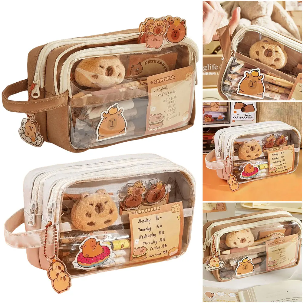 Capybara Kawaii Pencil Case Clear Pencil Pouch with Sticker Pendant Stationary Bag for Office College School