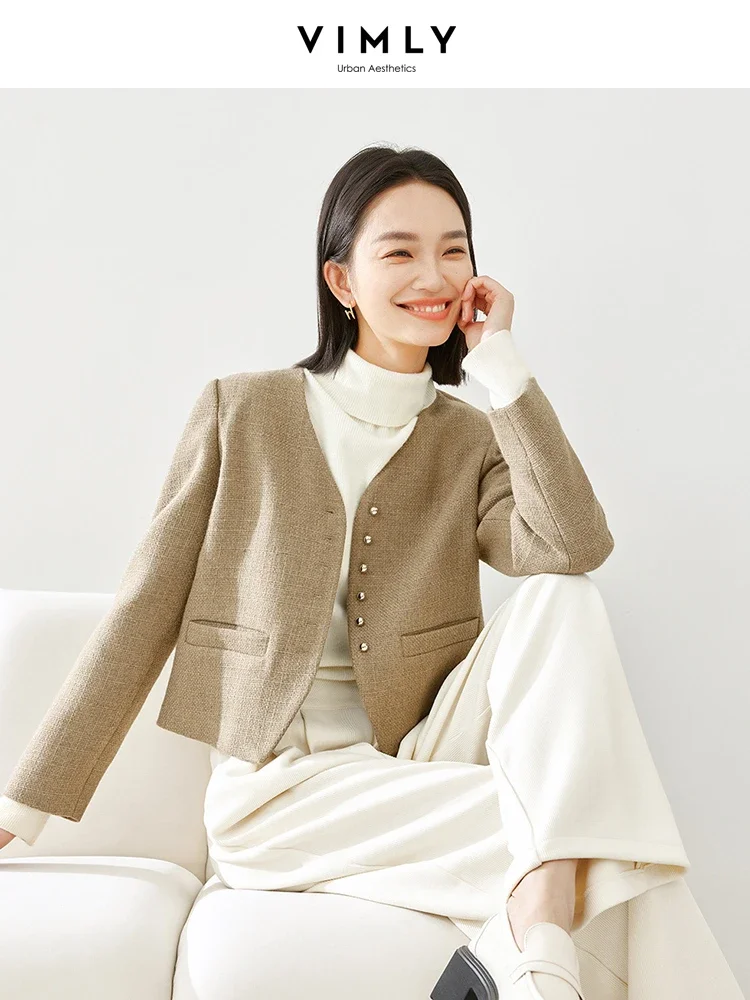 

Vimly Cropped V-neck Tweed Jacket Winter Quilted Coats 2025 New Casual Thick Single Breasted Long Sleeve Women's Outerwear M5318