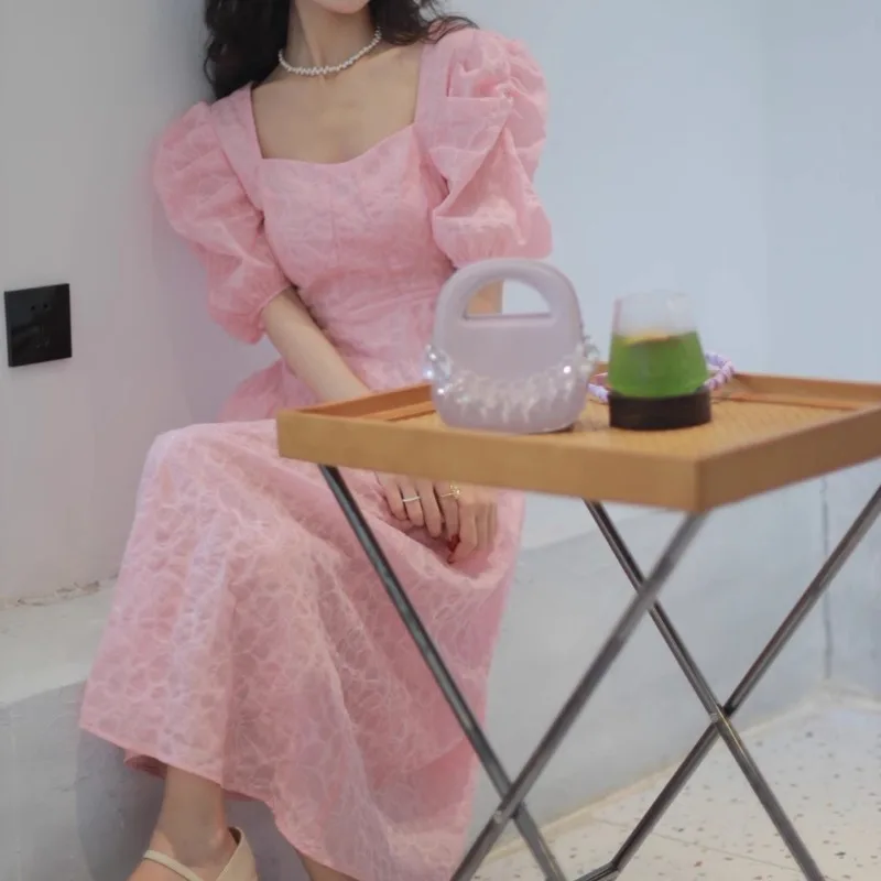 Chic Pink Dress for Women Puff Sleeve Korean Elegant Womens Clothing Square Neck Summer Holiday Streetwear Vestidos