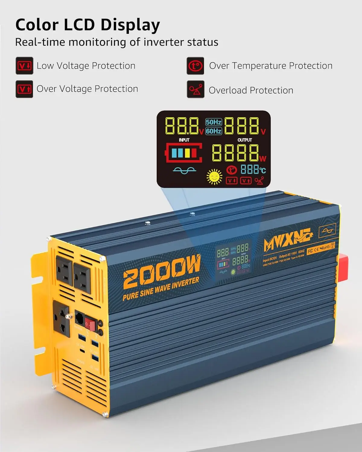 Inversor de potencia de onda sinusoidal pura, controlador remoto con pantalla LCD, carga rápida tipo C y 3 puertos USB, cc 12V a 110V 120V