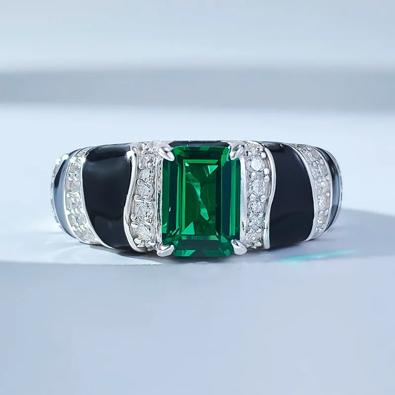 Jewelry New S925 Silver Imitation Emerald 5 * 7 Rectangular Ring European and American Unisex