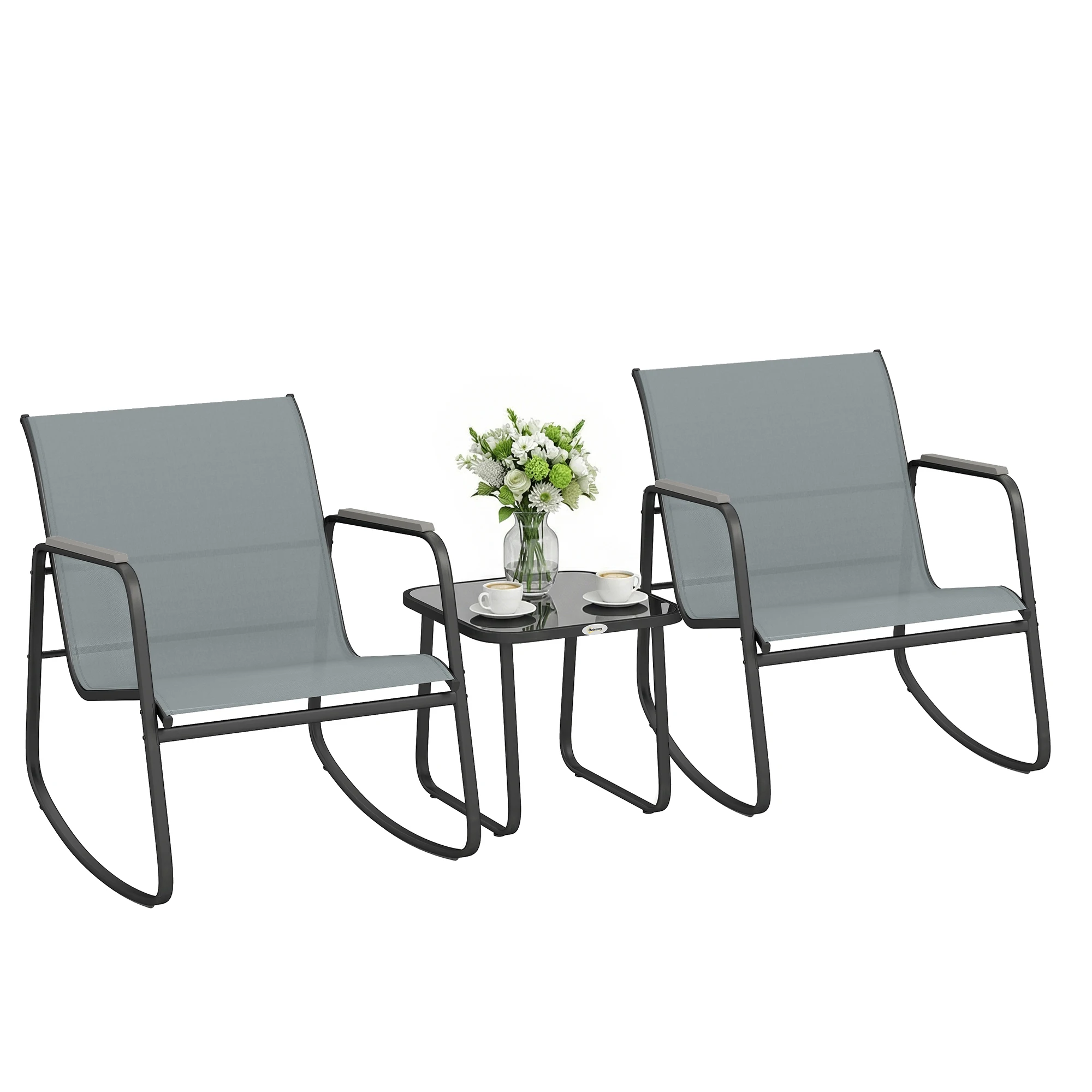 Juego de exterior de 3 piezas, de acero con 2 sillas mecedoras transpirables y mesa con tapa de cristal, gris y negro