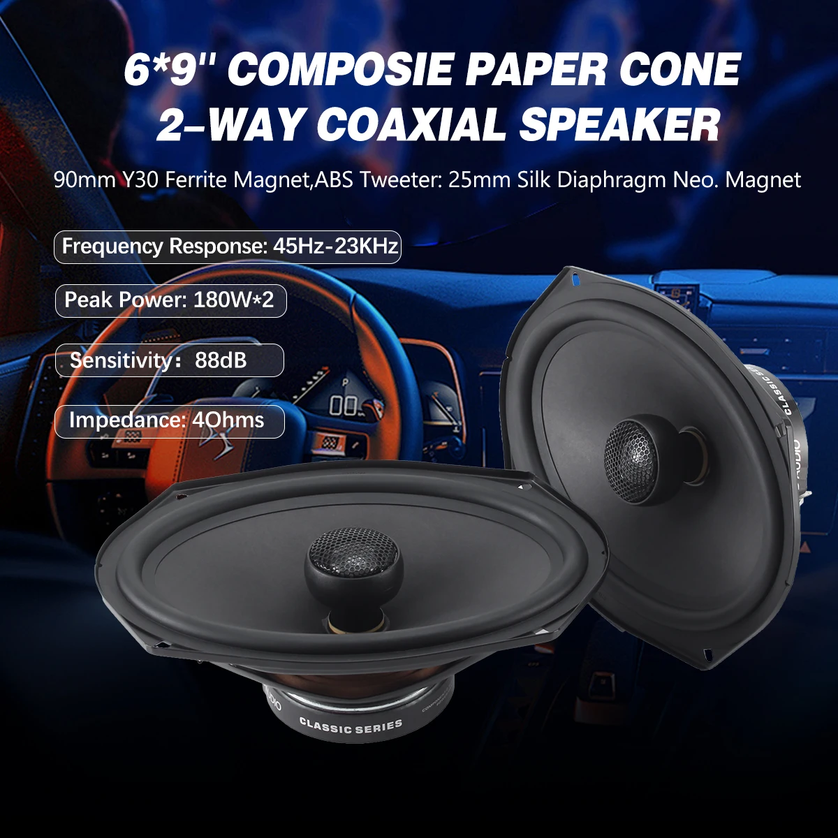 2-way RMS power 65W*2 Pure Copper voice coil 6x9inch Car Audio Coaxial Speakers built-in Neodymium magnet Silk dome tweeter