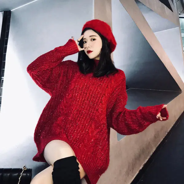 

2024 New Loose Thick Knitted Women's Sweater Slightly Hollow Out Lazy Style Korean Winter X43