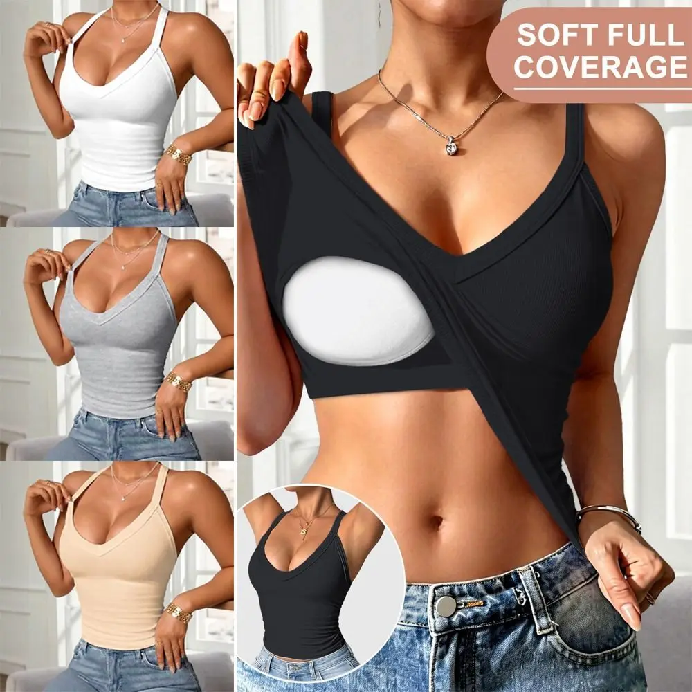 

Fashion Solid Color Women Vest Built in Bra V-neck Design Camisole Slimming Soft Comfortable Lady Tanks Top Daily Wear