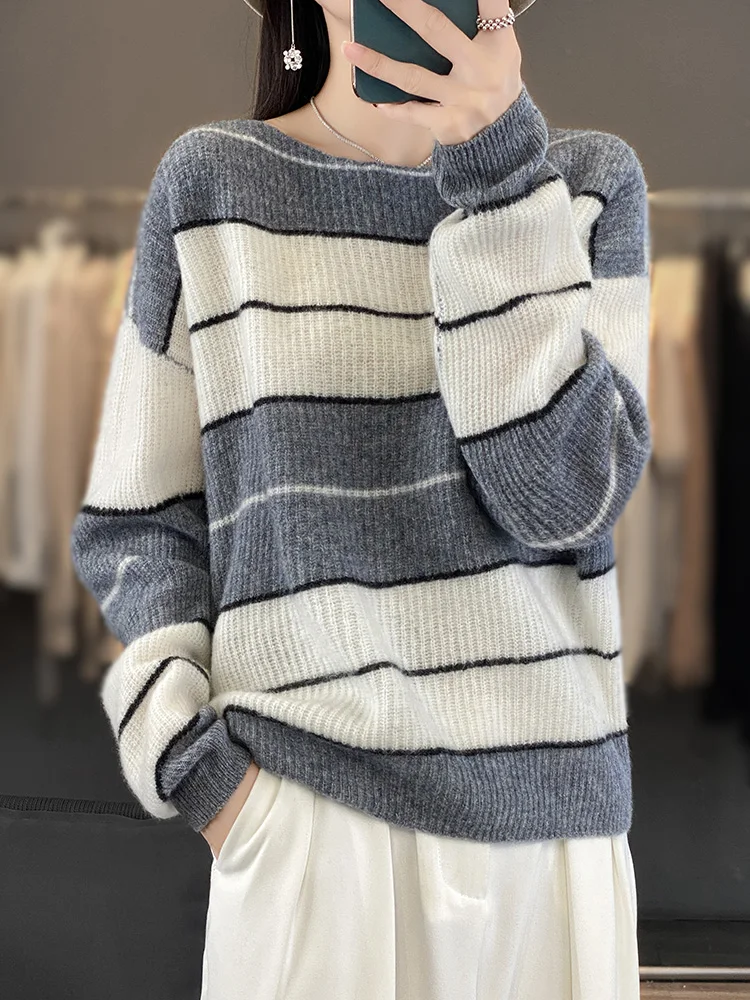 Addonee Women Sweater Long Sleeve Oversize Pullover 100% Merino Wool Striped Casual Cashmere Knitwear Autumn Winter Korean Style