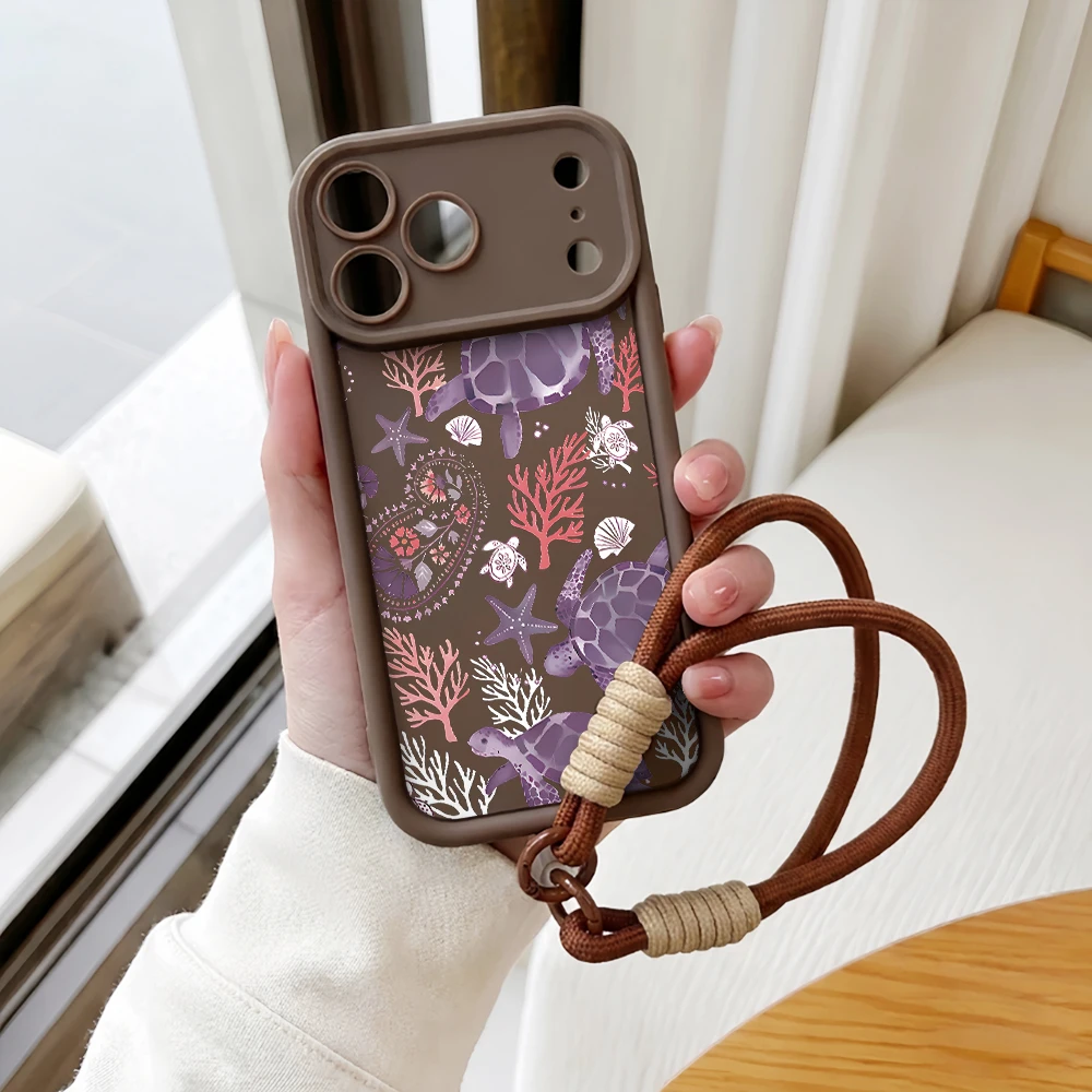 Meeresschildkröten-Korallen-Lanyard-Handyhülle für iPhone 12 13 14 15 16 17 Pro Max 16 15 14 Pro Plus 17E Stoßfeste Matte Silikonhülle – Detail 6