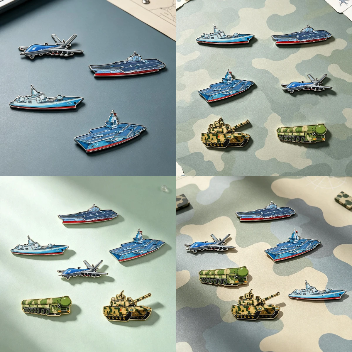 Military equipment metal badges at air shows, aircraft carriers, tanks, drones, military enthusiasts collect brooch decorations
