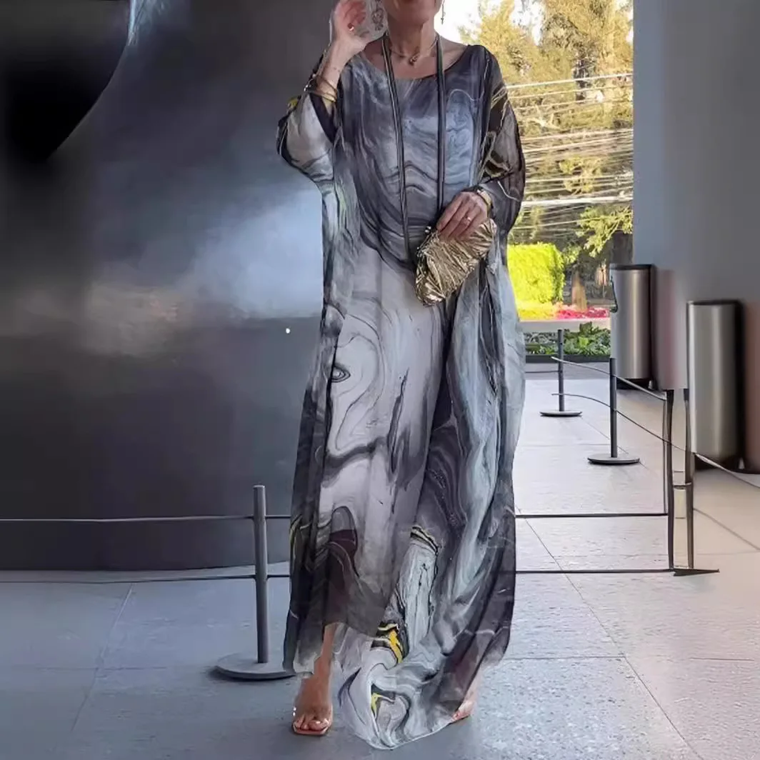 فستان نسائي لربيع وصيف 2025 جديد أنيق للتنقل من الشيفون مطبوع عليه نسيج رخامي وأكمام طويلة فساتين طويلة غير منتظمة