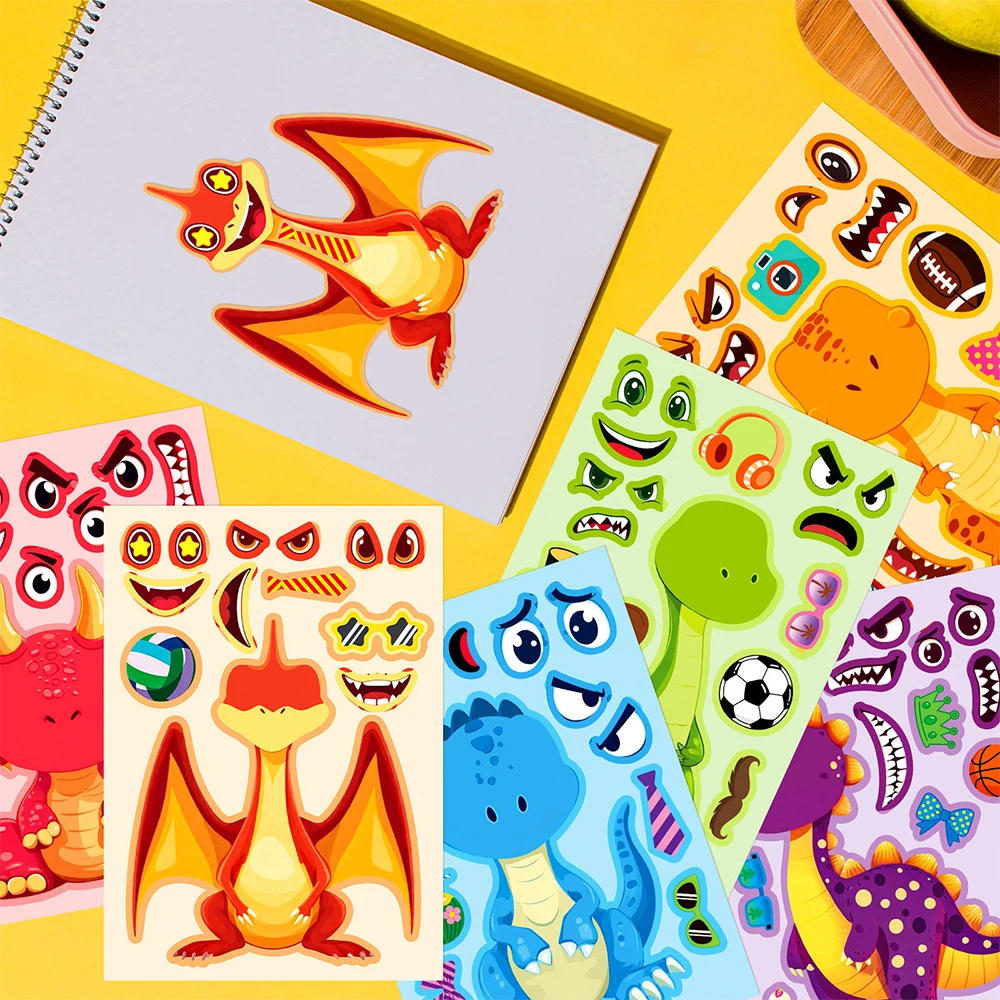6/12 ورقة Kawaii ديناصور لغز ملصقات لطيف الكرتون جعل وجه DIY بها بنفسك تجميع بانوراما ألعاب تعليمية الشارات الاطفال هدية حفلة