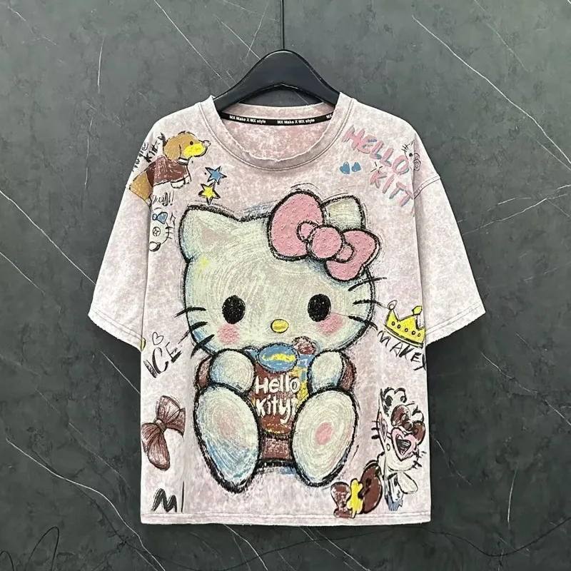 

Kawaii Girls, новый летний топ Y2k, милые рубашки с короткими рукавами с героями мультфильмов «Hello Kitty» для женщин, свободная повседневная женская одежда высокого качества