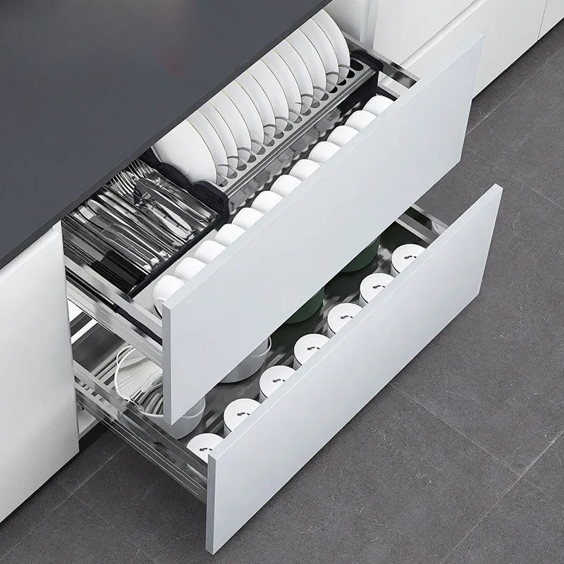 Cabinet pull basket, double drawer damping built-in bowl rack, stainless steel kitchen storage seasoning basket dish basket