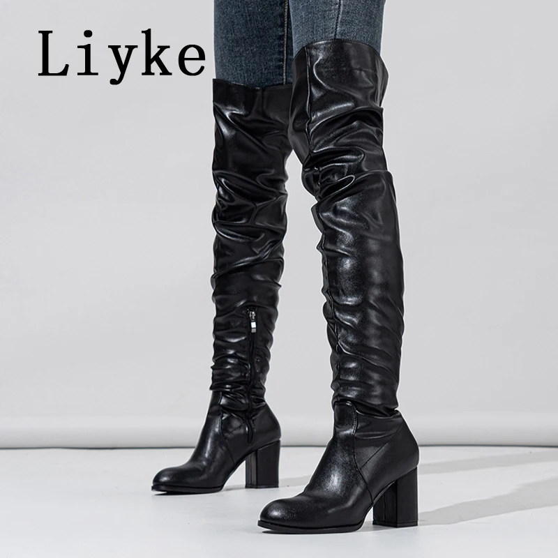 Liyke Size 35-42 Black Women Zip Over The Knee Thigh High Boots Fashion Pleated Leather Round Toe Square Heels Booties Shoes