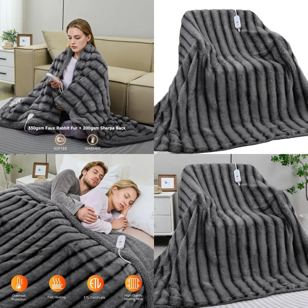

King Size Electric Faux Fur Blanket - 100x90 with 5 Heat Settings, 10-Hour Auto-Off, Grey