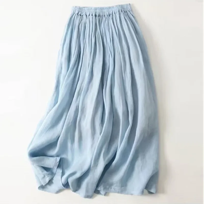 Long Skirt Women's Literature Vintage Cotton Linen Summer Skirts Female Tether Elastic High Waist Big Pendulum Skirt