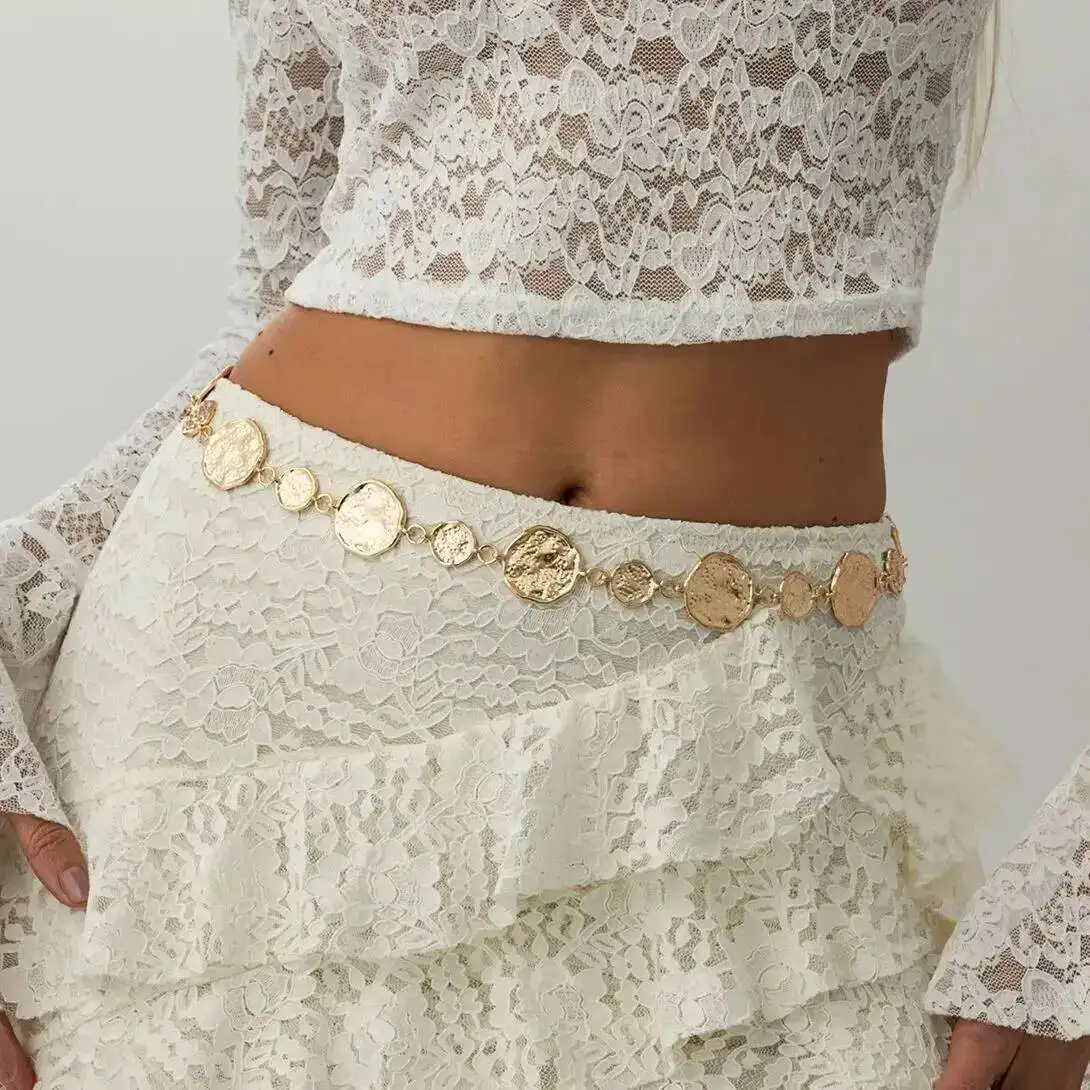 Punk cor de ouro redondo barriga cintura correntes feminino verão férias sexy biquíni vestido corpo corrente moda jóias acessório