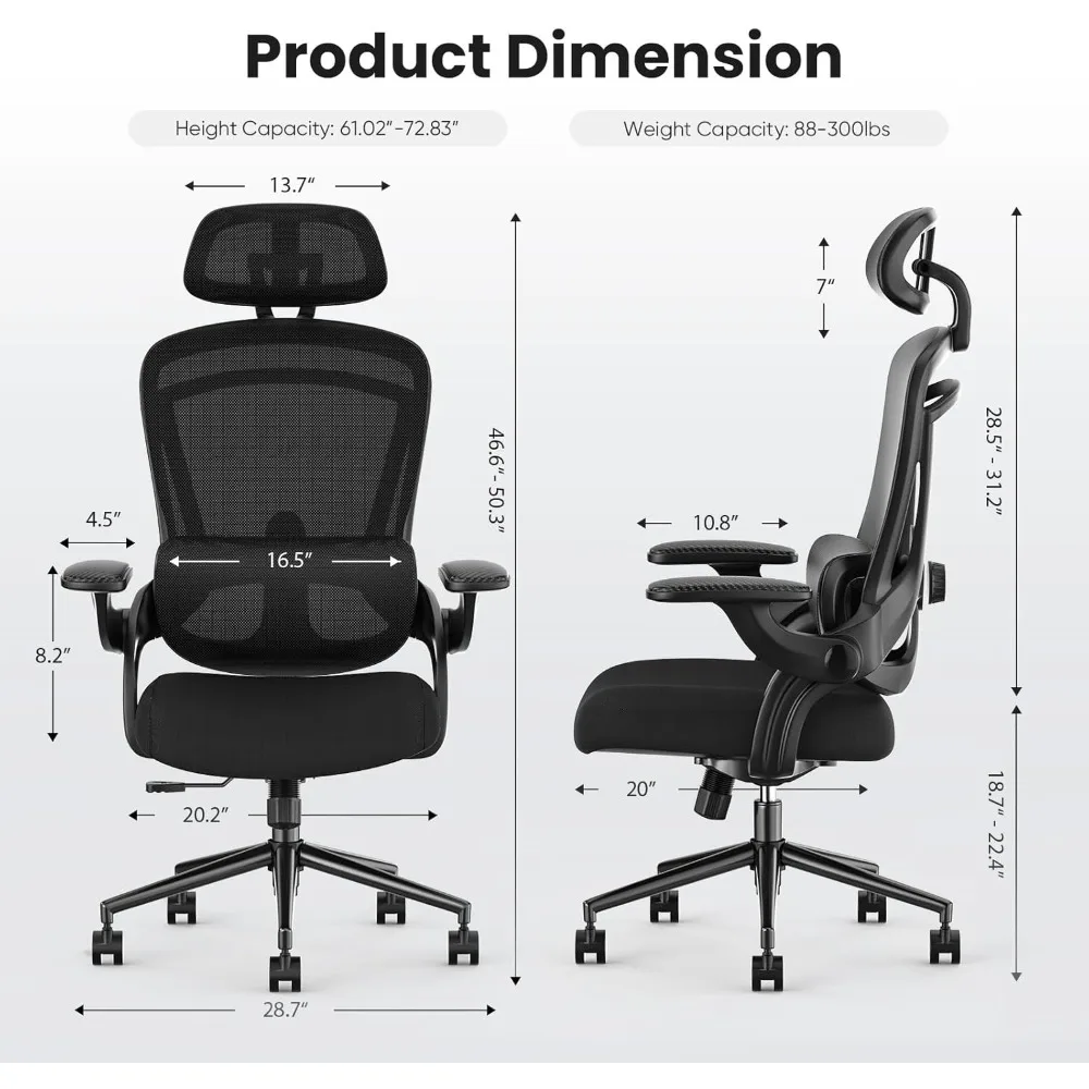 

US Shipping Office Chair Ergonomic Desk Chair High Back Mesh Computer Chair with Wheels 2D Headrest Lumbar Support Flip Up