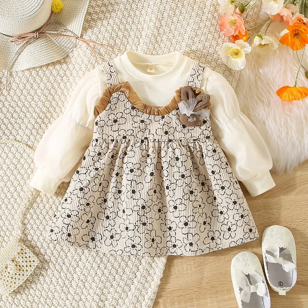 Vestido de manga larga con cuello Halter para niña, traje de encaje decorado con conejo, estampado de flores falsas, novedad de otoño