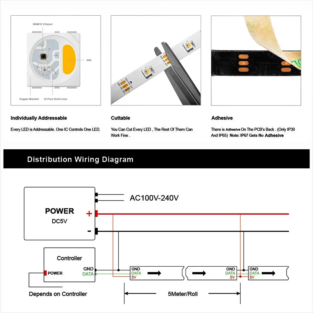 وحدة تحكم بلوتوث LED 6812 RGBW 5V 12V 24V SP530E 2.4 جيجا هرتز مع جهاز تحكم عن بعد RC3/RB3، مجموعة 1 م 2 م 3 م 4 م 5 م #6
