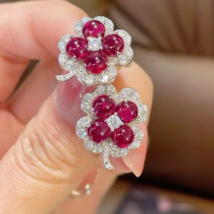

925 Silver Plated Earrings High Carbon Diamond Cultivation Red Treasure Sugar Tower Four Leaf Clover Lucky Stud Earrings