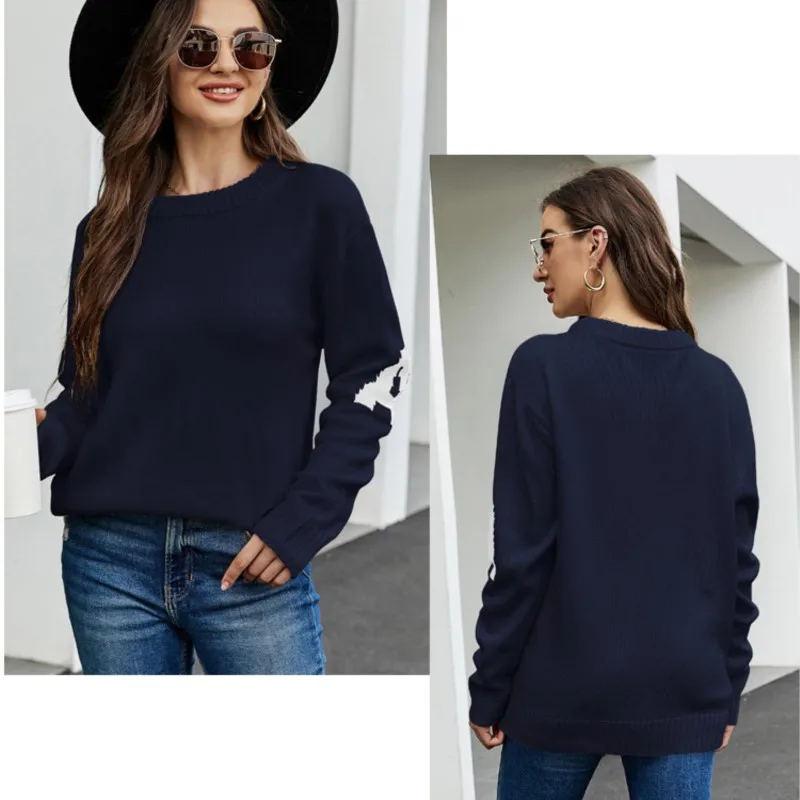 Maglione lavorato a maglia da donna in tinta unita stile pigro Lettera Jacquard girocollo maglione casual a maniche lunghe allentato autunno/inverno 2025