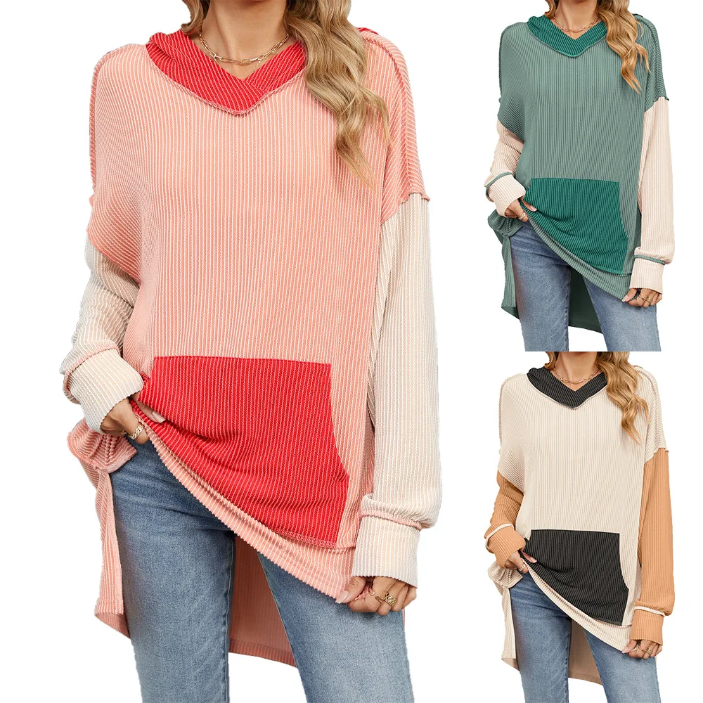 Autumn Winter Women's Long Sleeve Tops Female Contrast V-neck Casual Loose Pullovers Tops Lady's Sweatshirt Women's Clothing