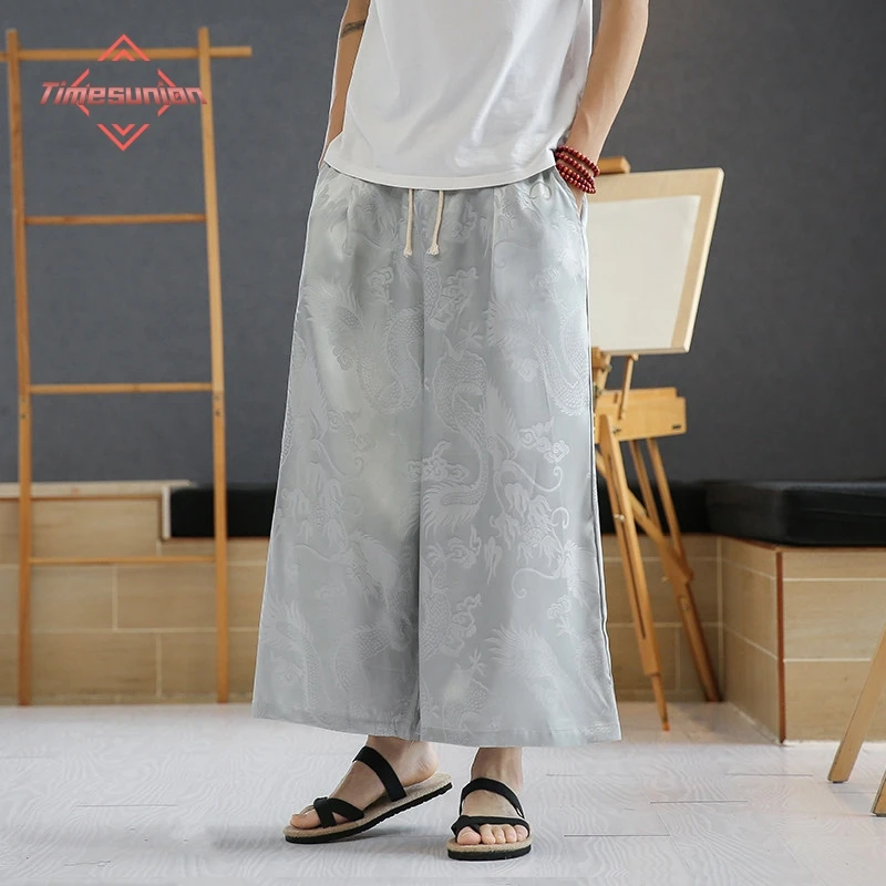 

Outdoor Summer Pants For Men Ice Silk Dragon Dark Flower Loose Bloomers High Quality Wide Leg Casual Trousers Male