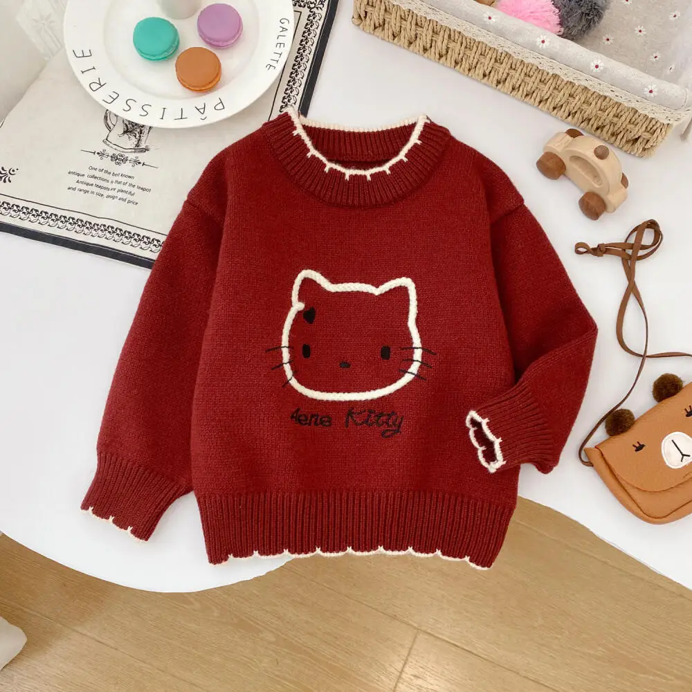 سانريو مرحبا كيتي الفتيات الخريف والشتاء الكرتون سترة نمط جديد الفتيات Kawaii نمط جولة الرقبة Kt القط سترة البلوز الأعلى