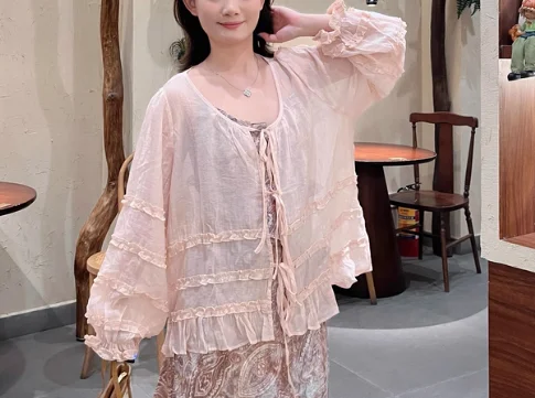 대형 스위트 프릴 얇은 여성 긴 소매 선 스크린 셔츠 여름 v 넥 레이스 업 느슨한 다목적 연령 감소 한국 탑