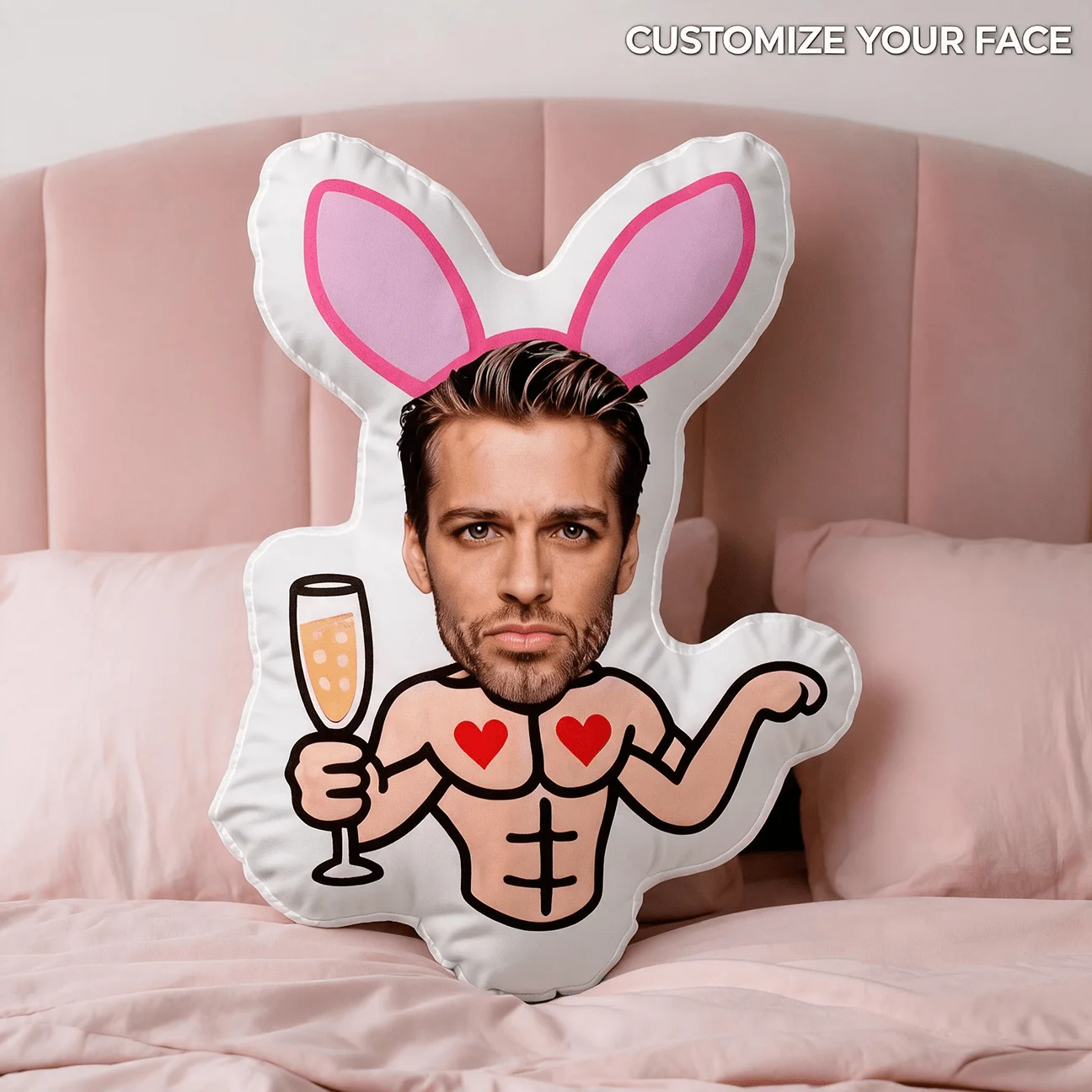Custom Funny Face Shaped Pillow, Personalized Photo Bunny Body Decorative Cushion, Unique Novelty Home Decor Accent for Sofa & B